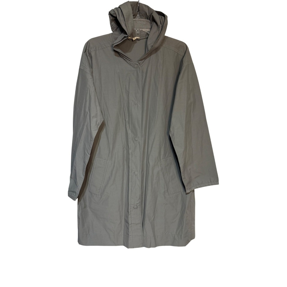 Eileen Fisher Gray Hooded‎ Long Coat M/M Lightweight Raincoat